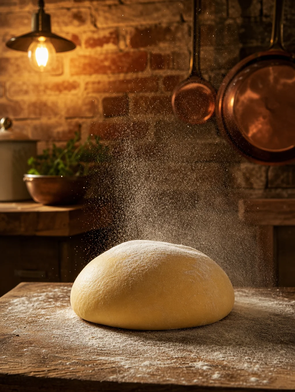 Handmade fresh pasta dusted with flour on a dark wooden counter beside the glowing wood-fired hearth
